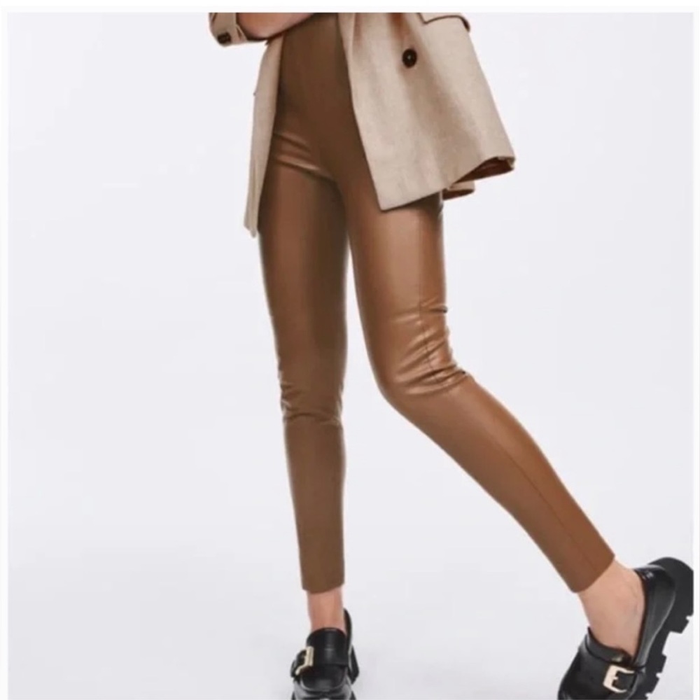 ZARA high rise leggings, skinny faux leather pants. Color: Brown/ Tan. (Size: S)
